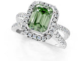 White gold Fancy Green Emerald Cut Diamond Halo Ring with Split Shank Pavé Band and Prong Setting_78