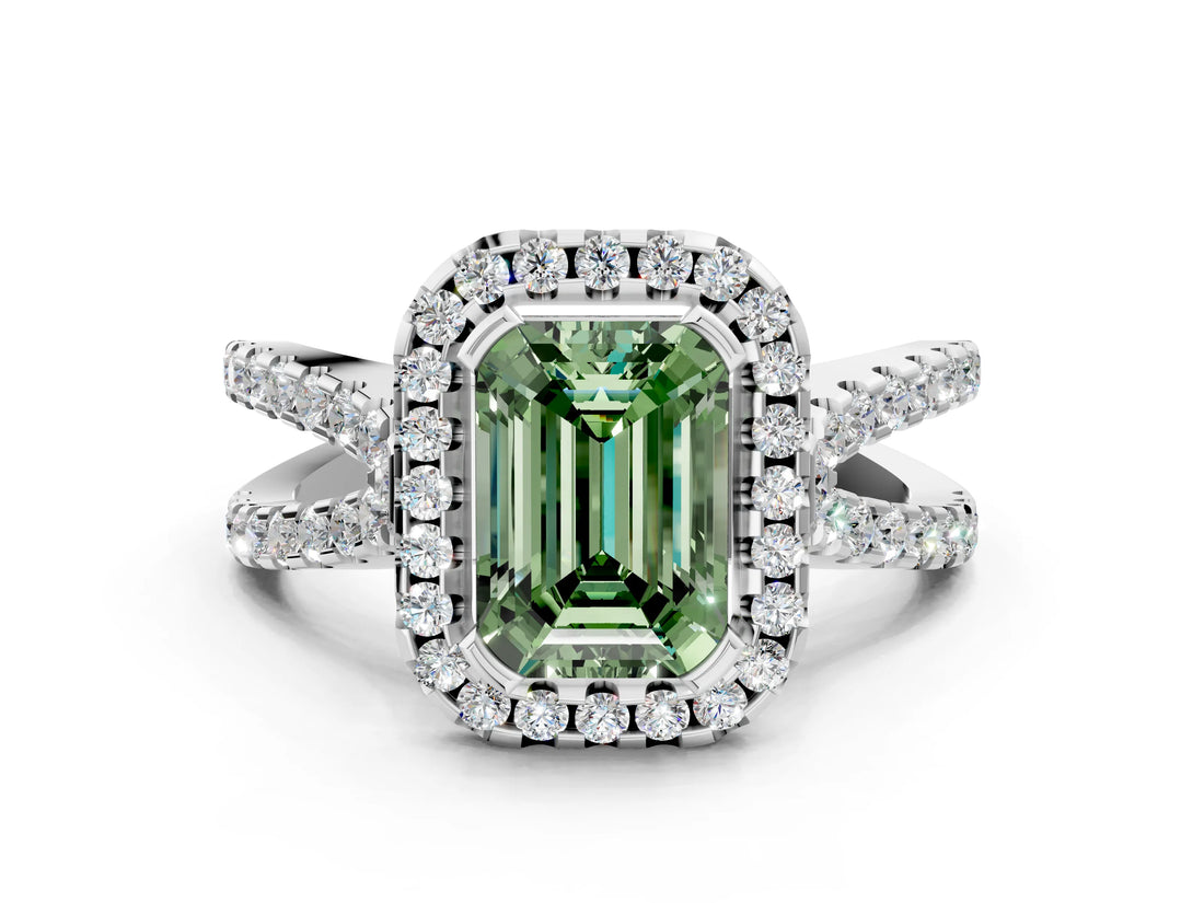 White gold Fancy Green Emerald Cut Diamond Halo Ring with Split Shank Pavé Band and Prong Setting_79