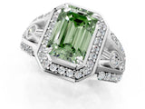 White gold Fancy Green Emerald Cut Diamond Halo Ring with Split Shank and Bezel Accents and Four-Prong Setting_1