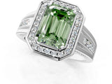 White gold Fancy Green Emerald Cut Diamond Halo Ring with Split Shank and Bezel Accents and Prong Setting_1