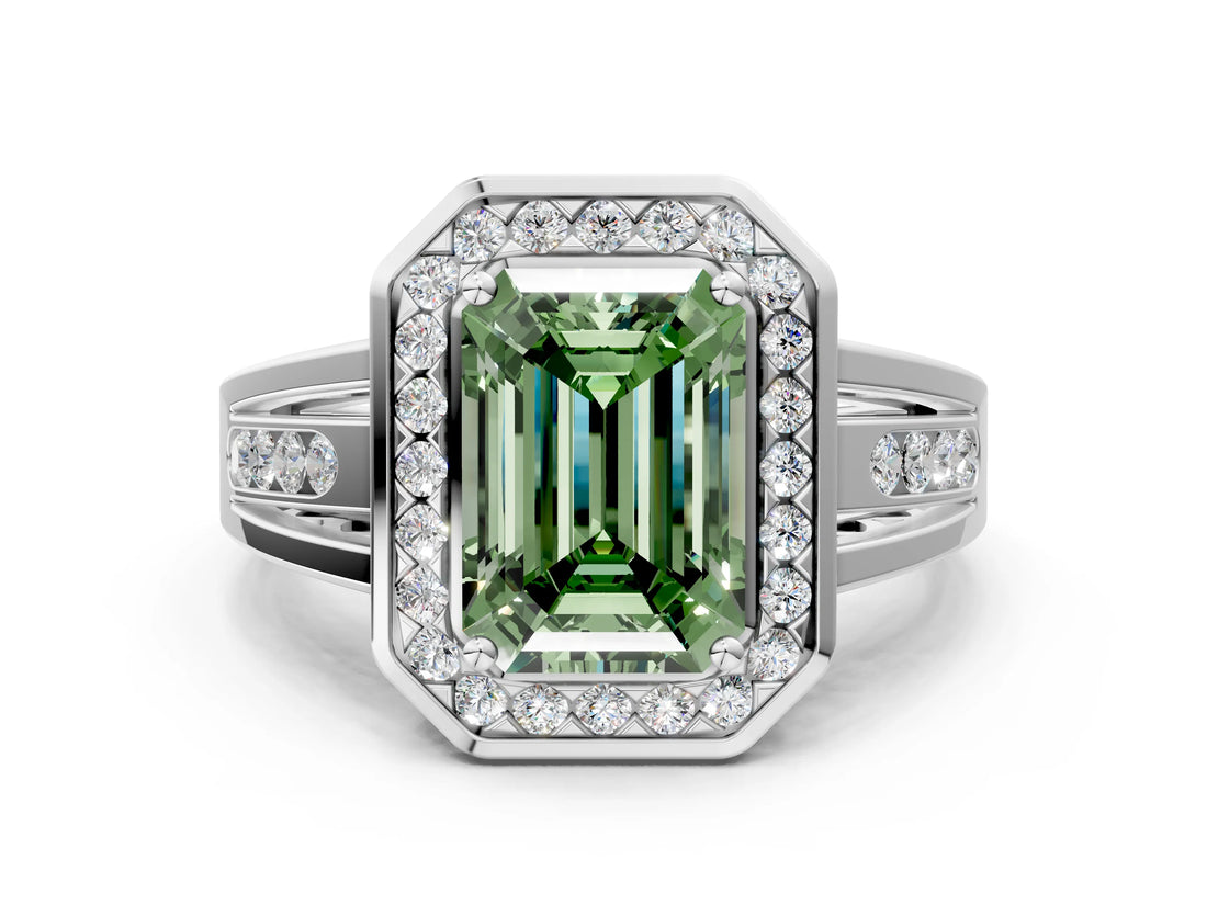 White gold Fancy Green Emerald Cut Diamond Halo Ring with Split Shank and Bezel Accents and Prong Setting