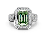 White gold Fancy Green Emerald Cut Diamond Halo Ring with Split Shank and Bezel Accents and Prong Setting