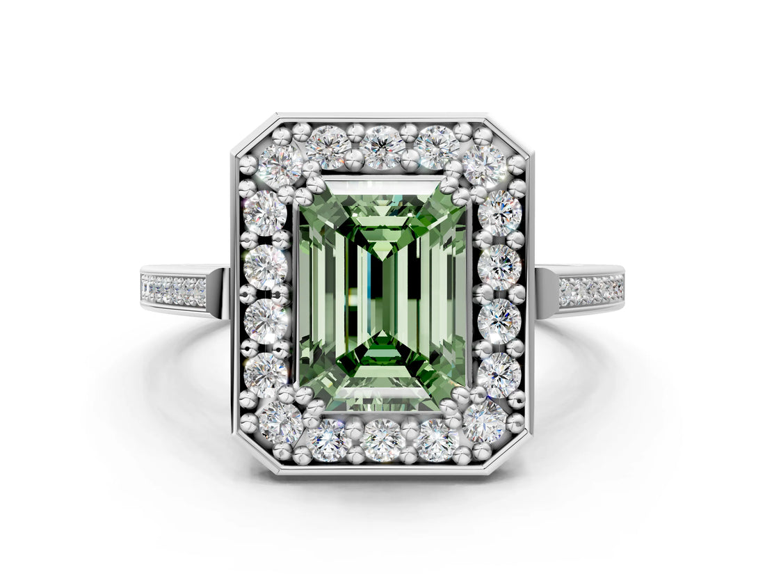 White gold Fancy Green Emerald Cut Diamond Halo Ring with Split Shank and Four-Prong Setting_60