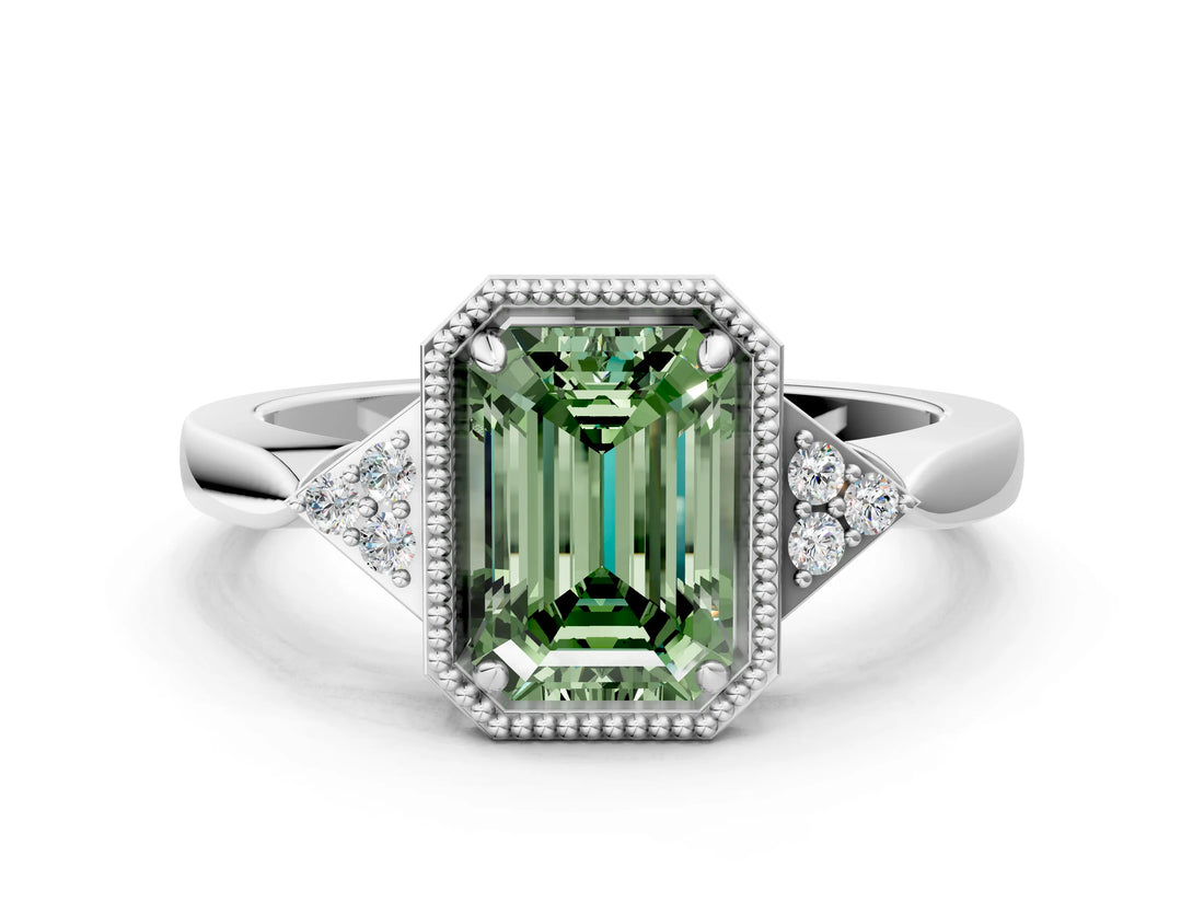 White gold Fancy Green Emerald Cut Diamond Halo Ring with Tapered Band and Four-Prong Setting_19