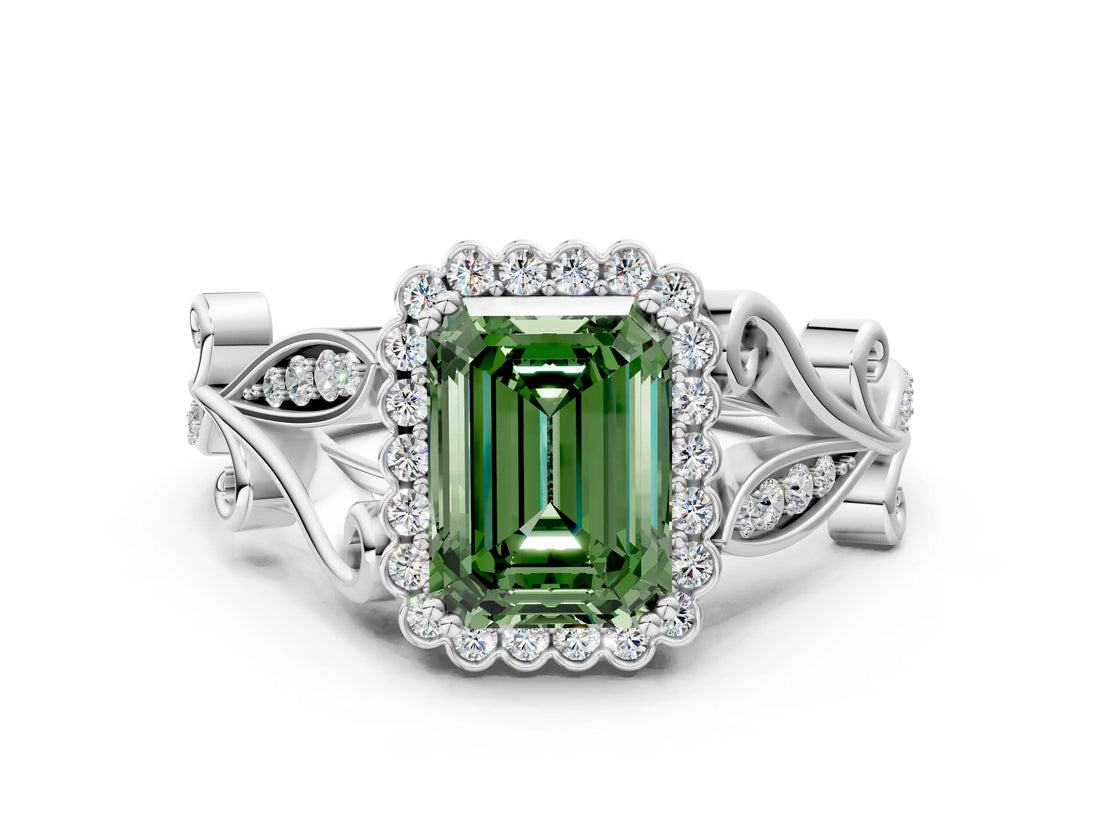 White gold Fancy Green Emerald Cut Diamond Halo Ring with Vintage Split Shank and Four-Prong Setting_91