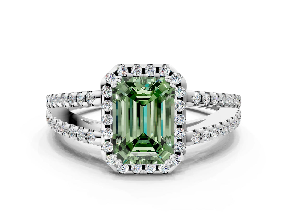 White gold Fancy Green Emerald Cut Diamond Halo Split Shank Engagement Ring_51