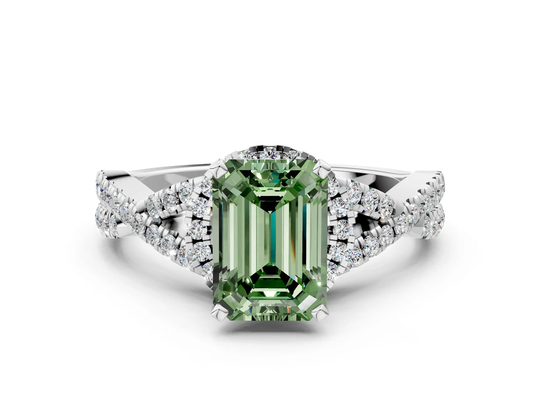 White gold Fancy Green Emerald Cut Diamond  Halo Twist Band Solitaire Prong Setting Ring_12