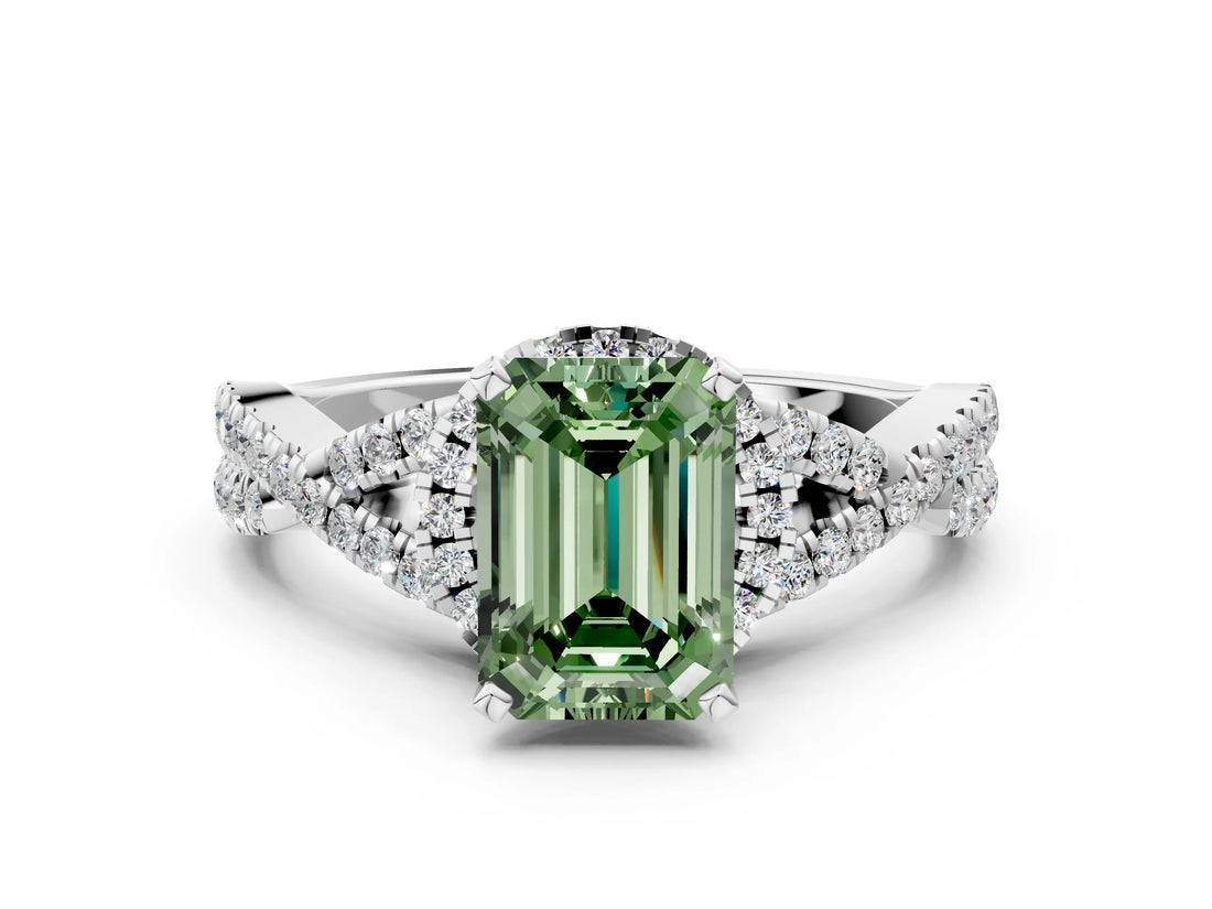 White gold Fancy Green Emerald Cut Diamond  Halo Twist Band Solitaire Prong Setting Ring_67