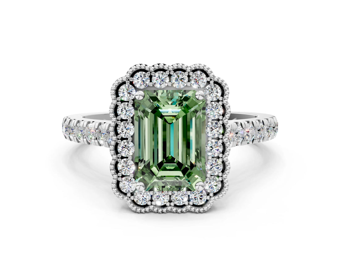 White gold Fancy Green Emerald  Cut Diamond Milgrain Floral Halo Engagement Ring with Pavé Band_15