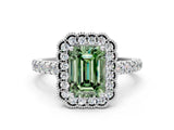 White gold Fancy Green Emerald  Cut Diamond Milgrain Floral Halo Engagement Ring with Pavé Band_15