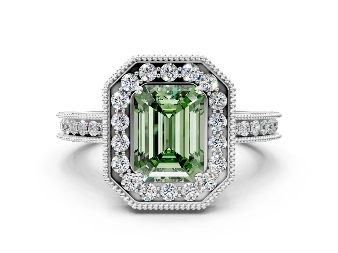 White gold Fancy Green Emerald Cut Diamond Milgrain Halo Engagement Ring with Round Pavé Band and Prong Setting_12