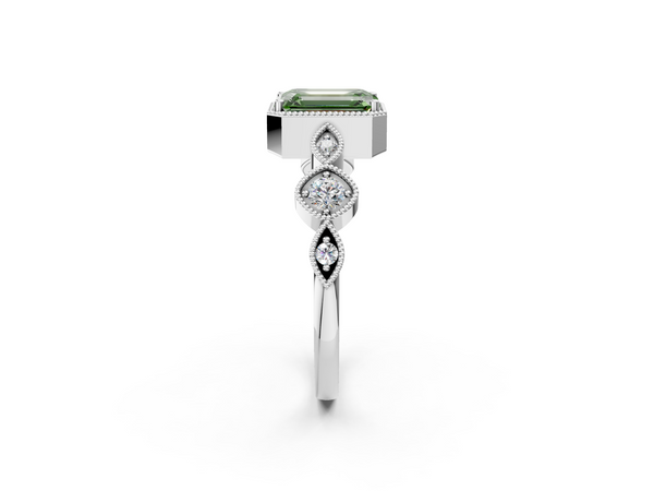 White gold Fancy Green Emerald  Cut Diamond Milgrain Marquise Band with Prong Setting
