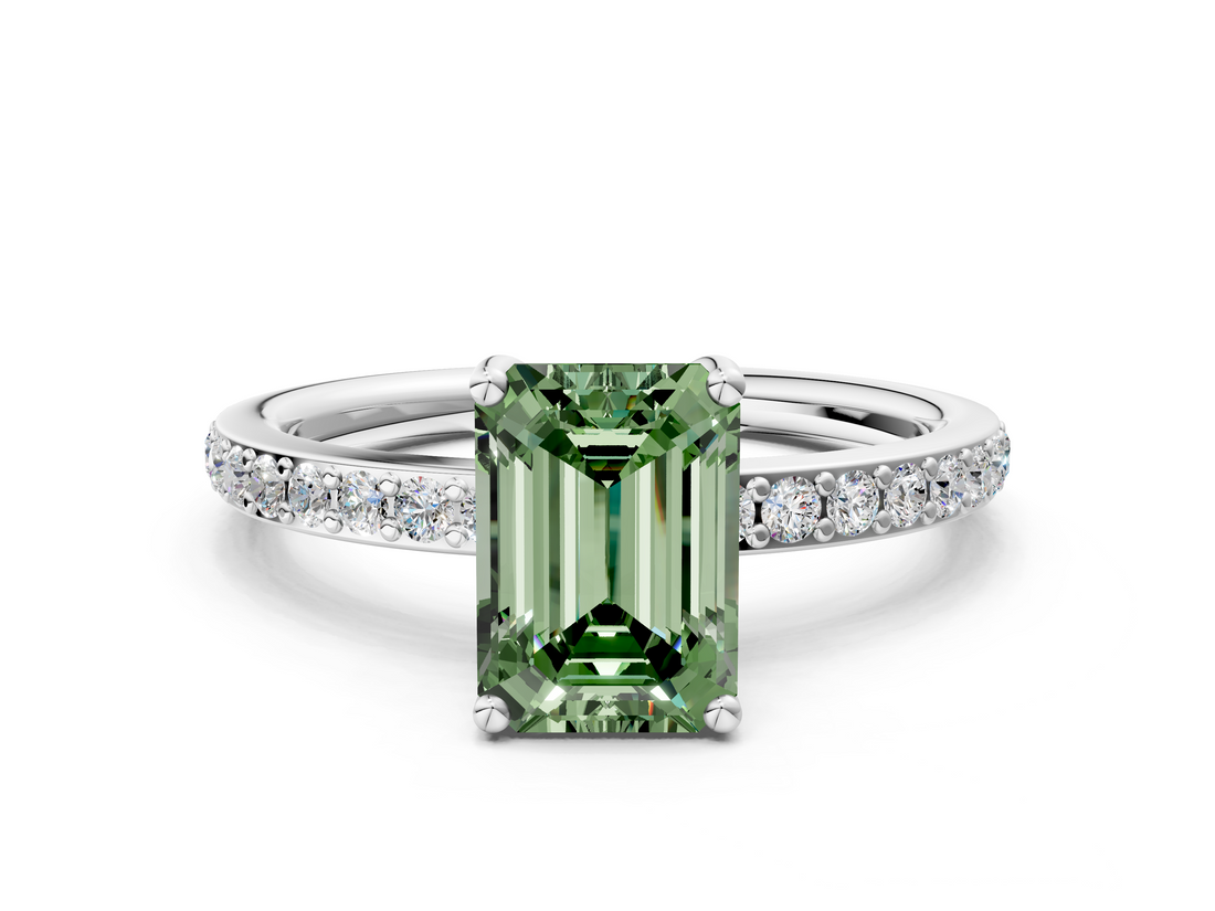 White gold Fancy Green Emerald  Cut Diamond Pavé Band Ring with Four-Prong Setting_24