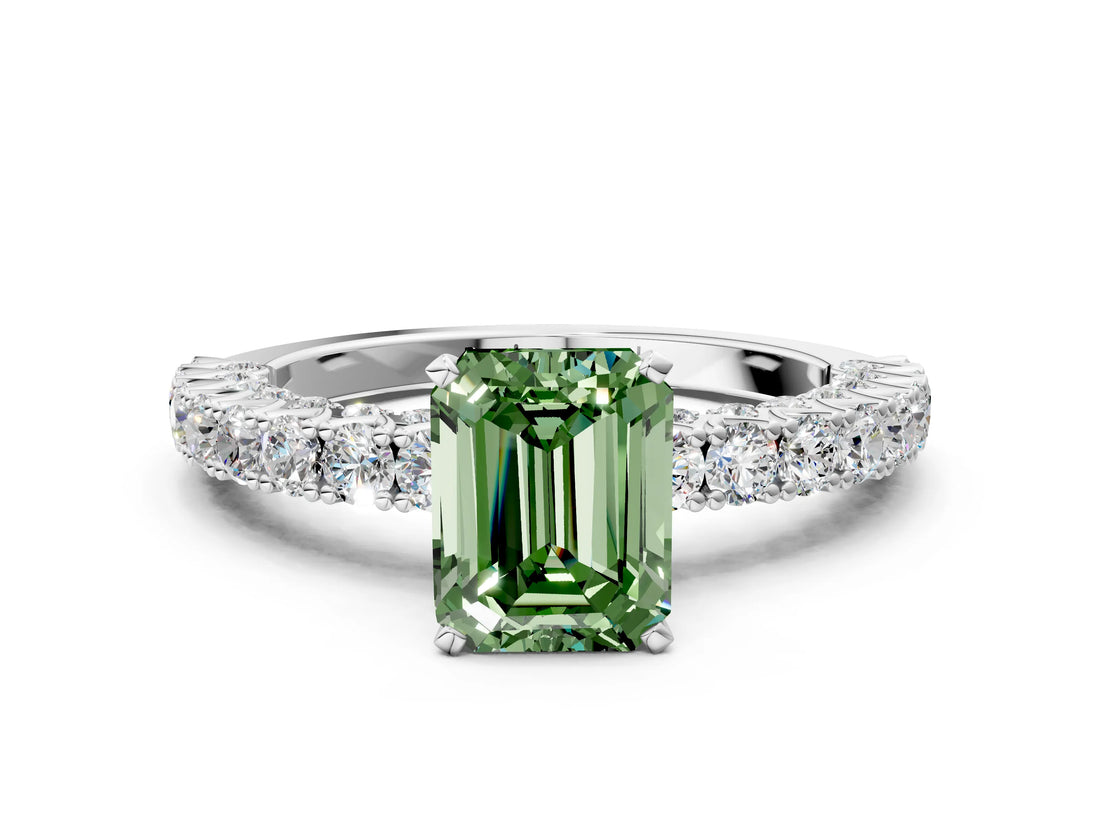 White gold Fancy Green Emerald Cut Diamond Pavé Band Solitaire Ring with Prong Setting_100