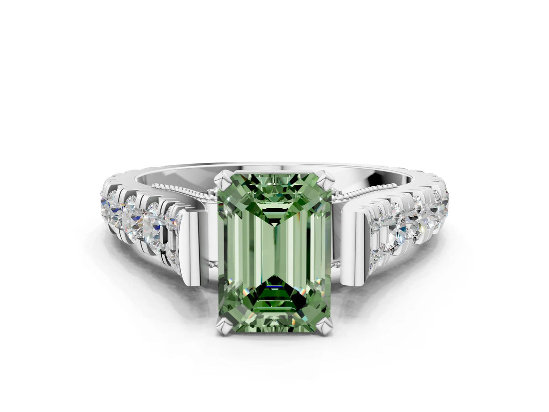 White gold Fancy Green Emerald  Cut Diamond Pavé Band Solitaire with Four-Prong Setting_15