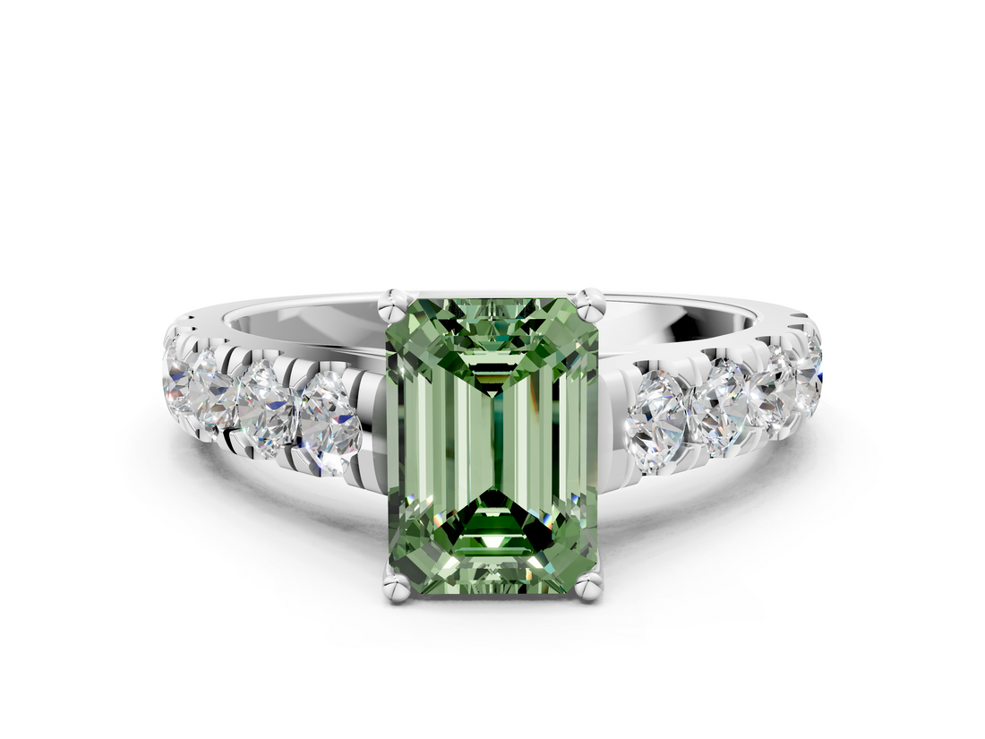 White gold Fancy Green Emerald  Cut Diamond Pavé Band Solitaire with Four-Prong Setting_3