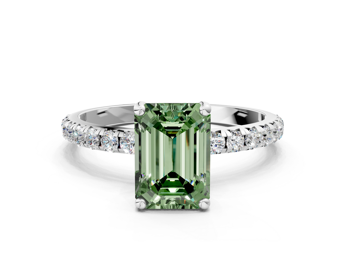 White gold Fancy Green Emerald  Cut Diamond Pavé Band Solitaire with Four-Prong Setting_3