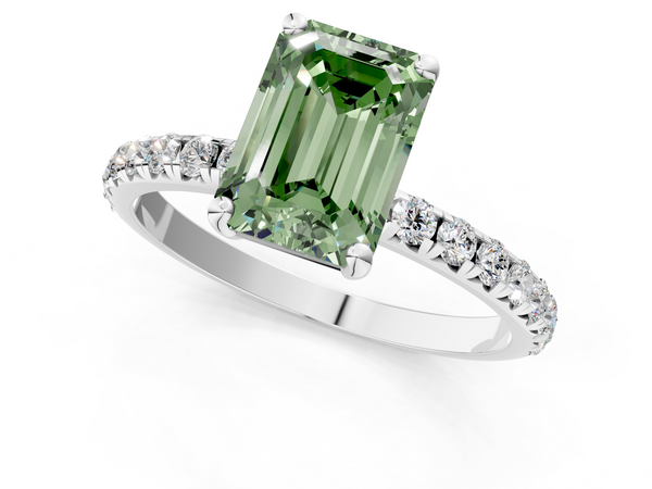 Platinum Fancy Green Emerald  Cut Diamond Solitaire Ring with Micro Pave Band and Four Prong Setting