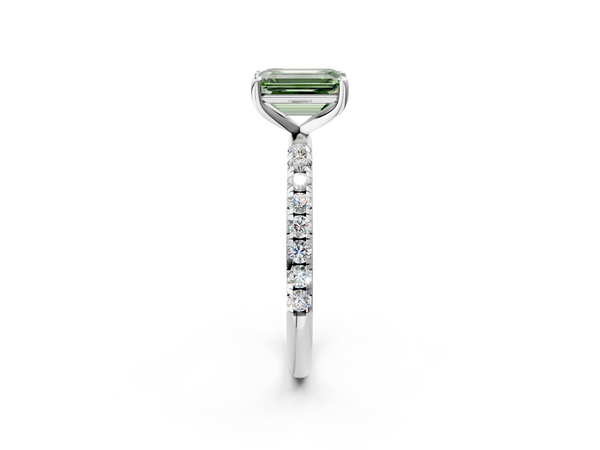 Platinum Fancy Green Emerald  Cut Diamond Solitaire Ring with Micro Pave Band and Four Prong Setting