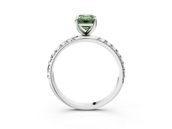 Platinum Fancy Green Emerald  Cut Diamond Solitaire Ring with Micro Pave Band and Four Prong Setting