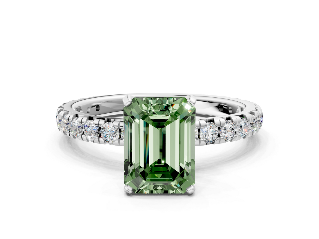 White gold Fancy Green Emerald  Cut Diamond Pavé Band with Four-Prong Setting_51