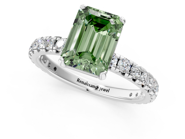 White gold Fancy Green Emerald  Cut Diamond Pavé Band with Four-Prong Setting
