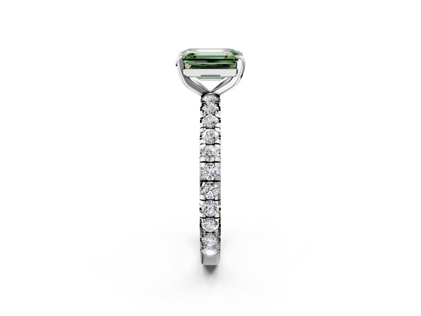 White gold Fancy Green Emerald  Cut Diamond Pavé Band with Four-Prong Setting