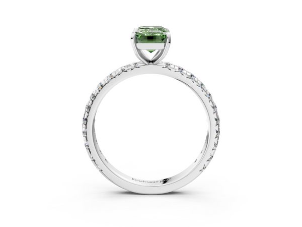 White gold Fancy Green Emerald  Cut Diamond Pavé Band with Four-Prong Setting