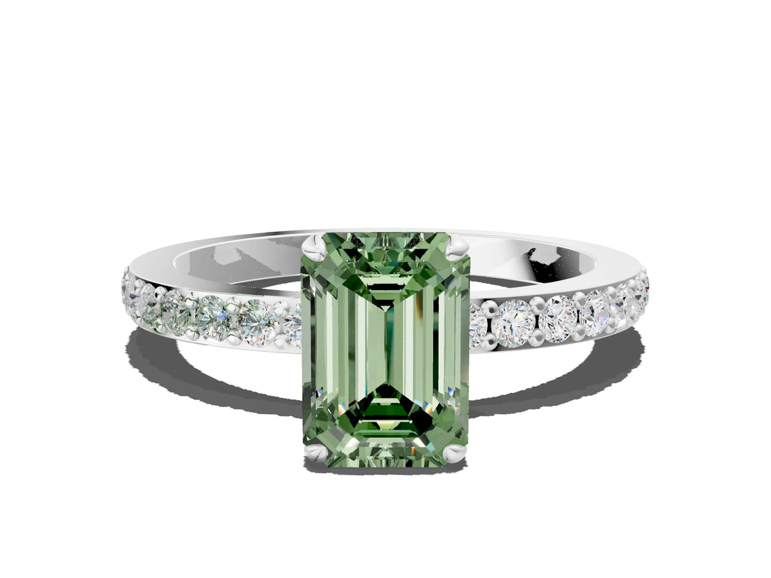 White gold Fancy Green Emerald Cut Diamond Pavé Engagement Ring with Round  Accents and Prong Setting_90