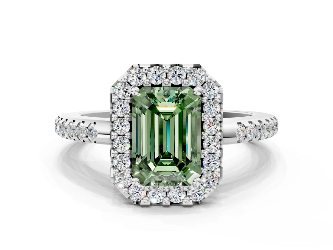White gold Fancy Green Emerald Cut Diamond Pavé Halo Ring with Four-Prong Setting_48