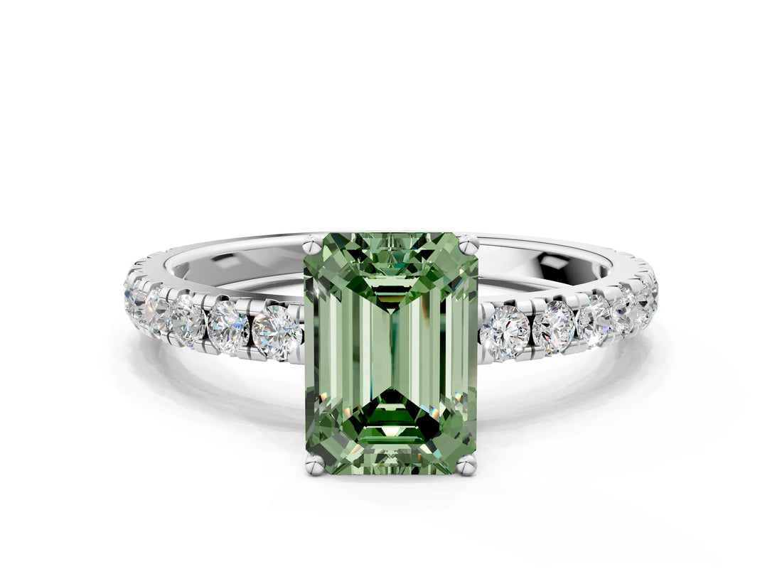 White gold Fancy Green Emerald Cut Diamond Pavé Solitaire Engagement Ring with Four-Prong Setting_83