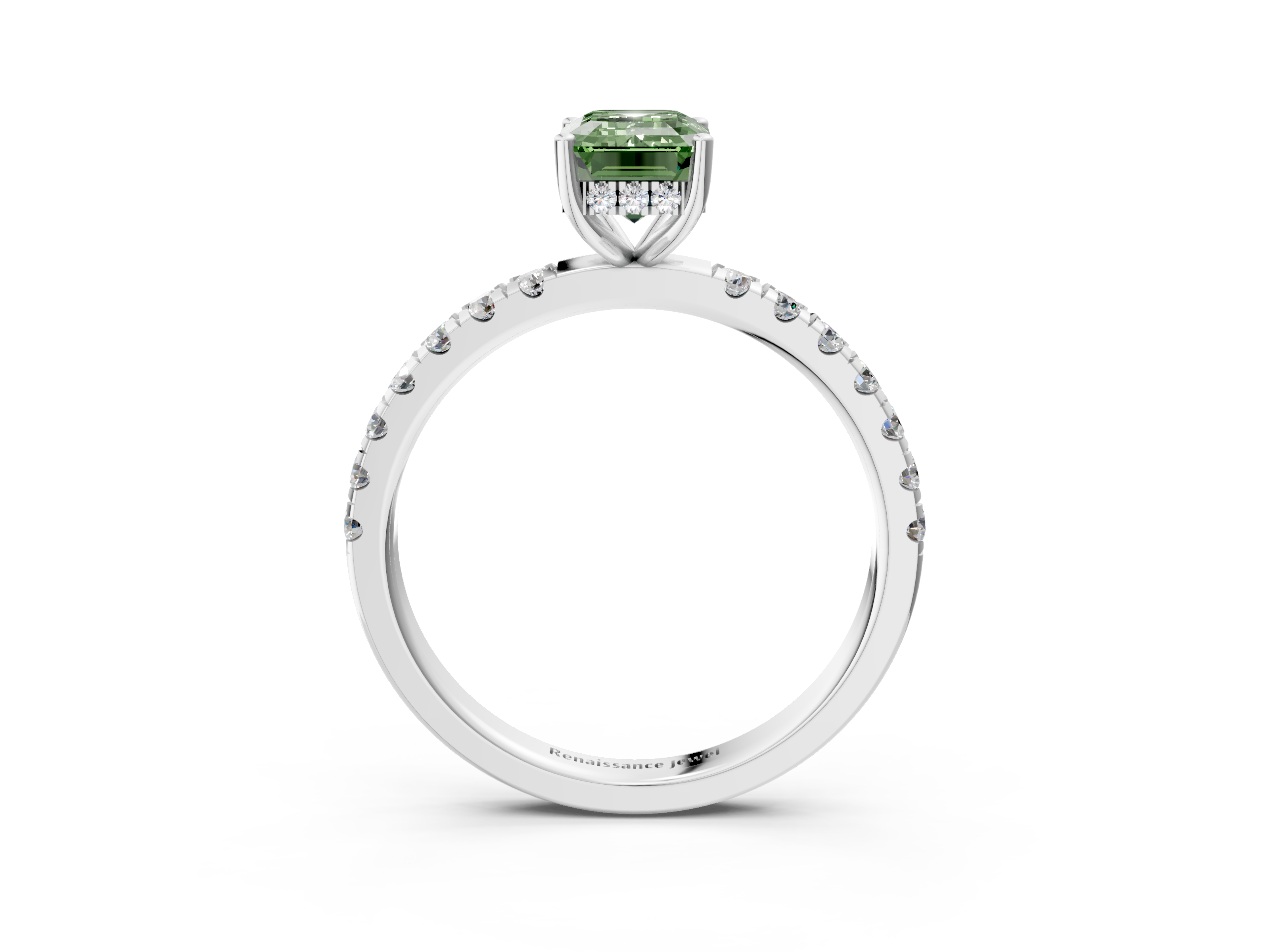 White gold Fancy Green Emerald  Cut Diamond Pave Band Solitaire Ring with Four-Prong Setting_28