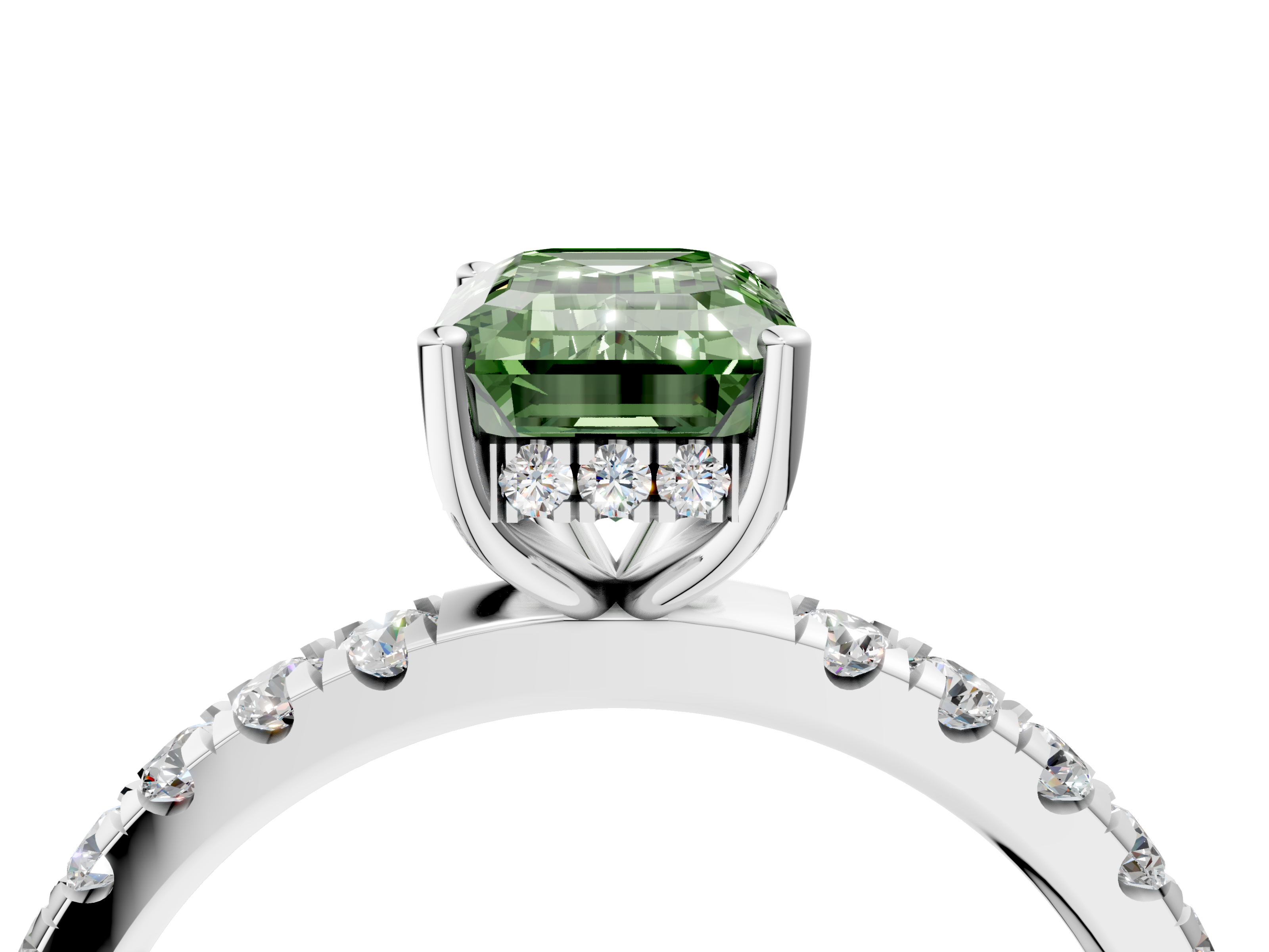 White gold Fancy Green Emerald  Cut Diamond Pave Band Solitaire Ring with Four-Prong Setting_28
