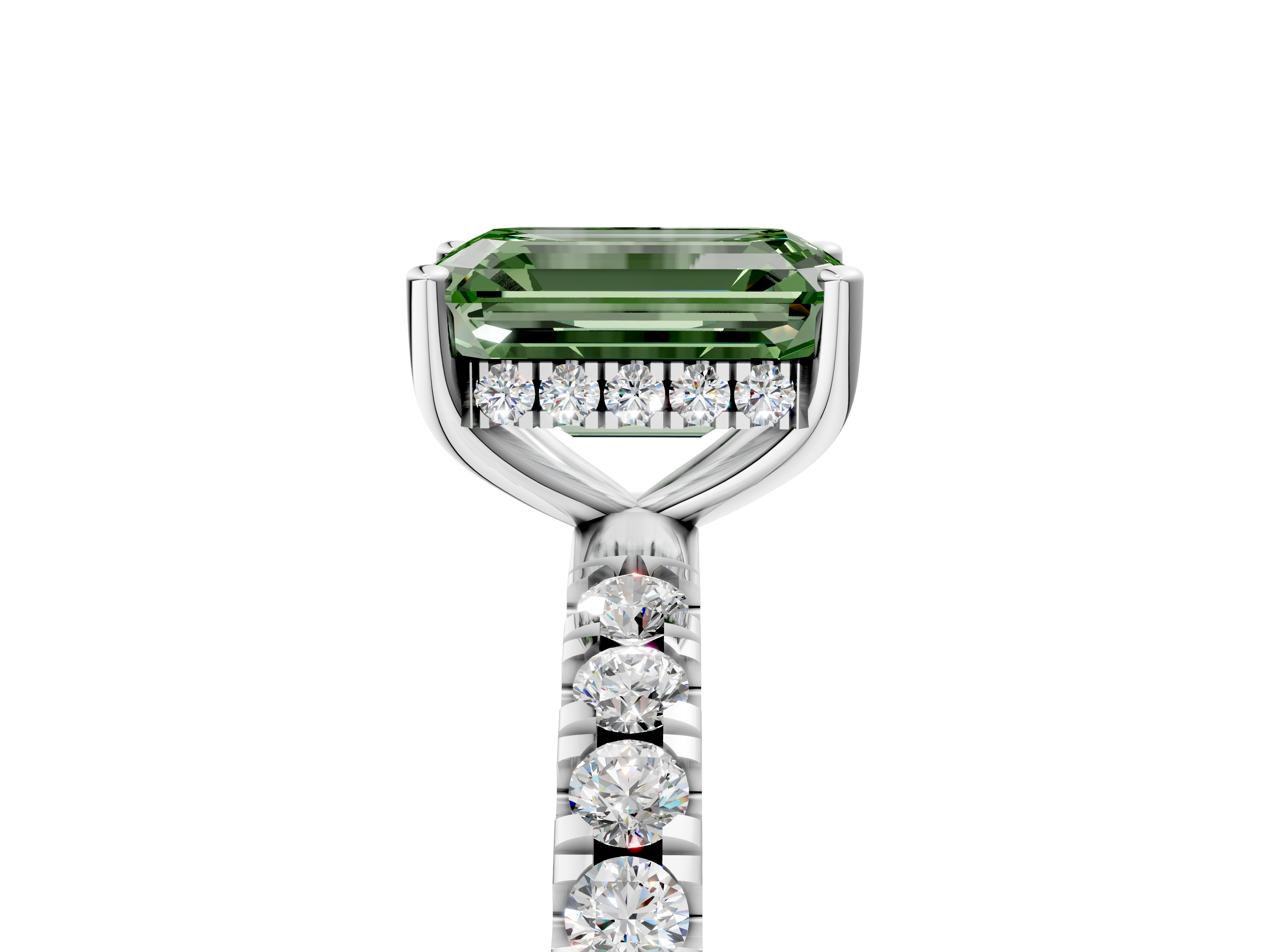 White gold Fancy Green Emerald  Cut Diamond Pave Band Solitaire Ring with Four-Prong Setting_30