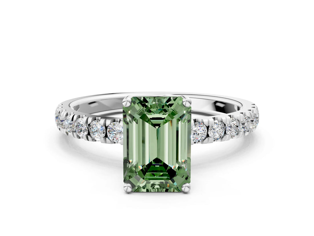 White gold Fancy Green Emerald Cut Diamond Pave Band Solitaire Ring with Round  and Prong Setting_118