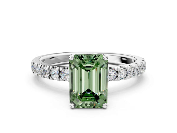 Platinum Fancy Green Emerald Cut Diamond Pave Band Solitaire Ring with Round  and Prong Setting