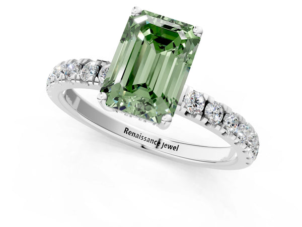 Platinum Fancy Green Emerald Cut Diamond Pave Band Solitaire Ring with Round  and Prong Setting