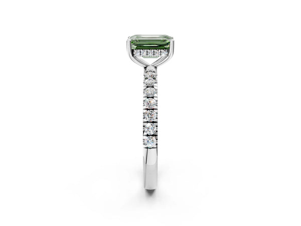 Platinum Fancy Green Emerald Cut Diamond Pave Band Solitaire Ring with Round  and Prong Setting