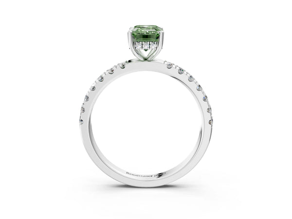 Platinum Fancy Green Emerald Cut Diamond Pave Band Solitaire Ring with Round  and Prong Setting