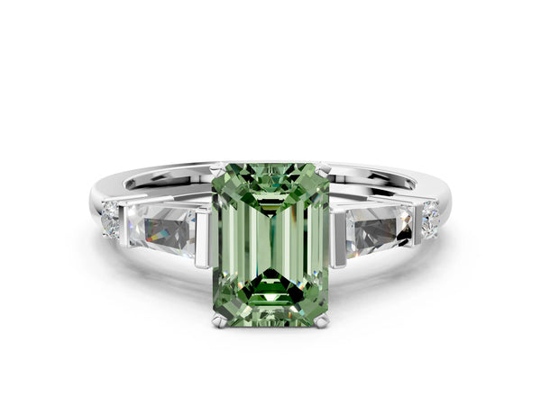 White gold Fancy Green Emerald  Cut Diamond Ring with Baguette Side Stones, Channel Set Band, and Four-Prong Setting