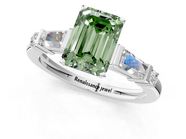 White gold Fancy Green Emerald  Cut Diamond Ring with Baguette Side Stones, Channel Set Band, and Four-Prong Setting