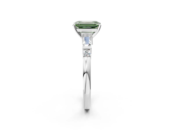 White gold Fancy Green Emerald  Cut Diamond Ring with Baguette Side Stones, Channel Set Band, and Four-Prong Setting