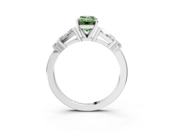 White gold Fancy Green Emerald  Cut Diamond Ring with Baguette Side Stones, Channel Set Band, and Four-Prong Setting