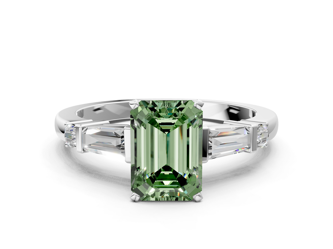 White gold Fancy Green Emerald  Cut Diamond Ring with Baguette Side Stones, Channel Set Band, and Four-Prong Setting_3