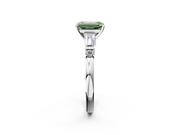 White gold Fancy Green Emerald  Cut Diamond Ring with Baguette Side Stones, Channel Set Band, and Four-Prong Setting