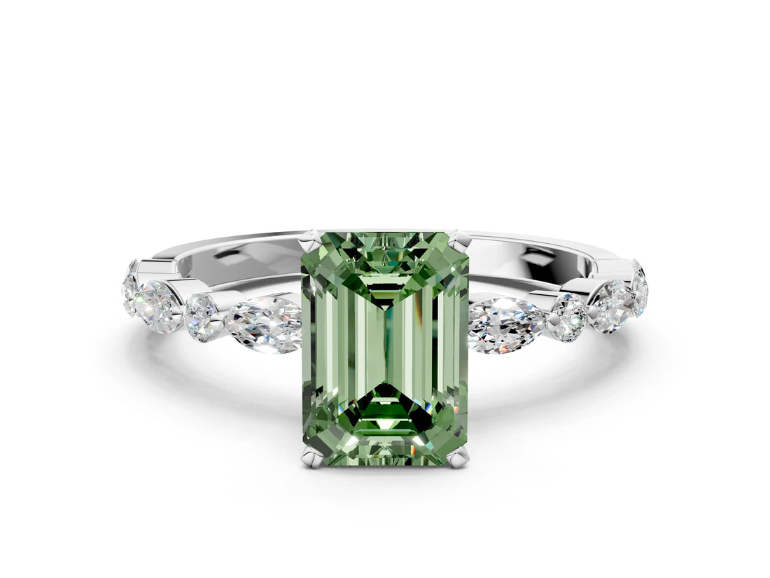 White gold Fancy Green Emerald Cut Diamond Ring with Marquise and Round  Side Stones and Four-Prong Setting_63