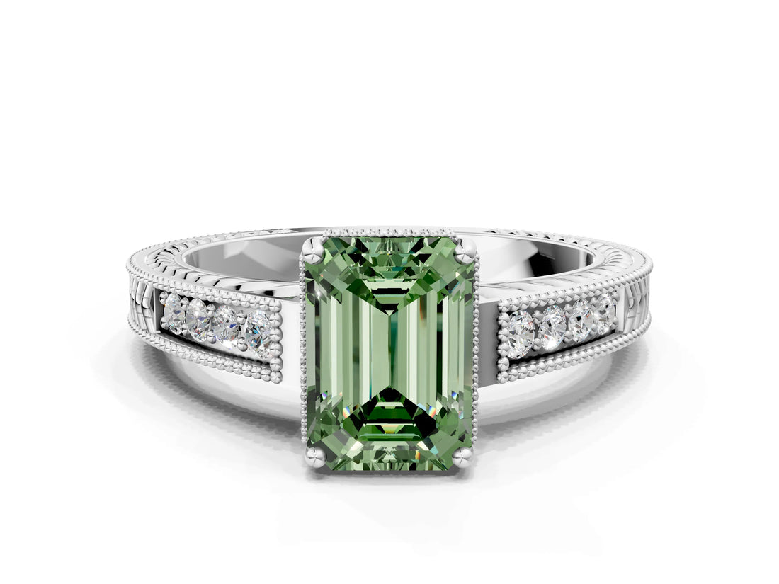 White gold Fancy Green Emerald Cut Diamond Ring with Milgrain Pavé Band and Four-Prong Setting_32