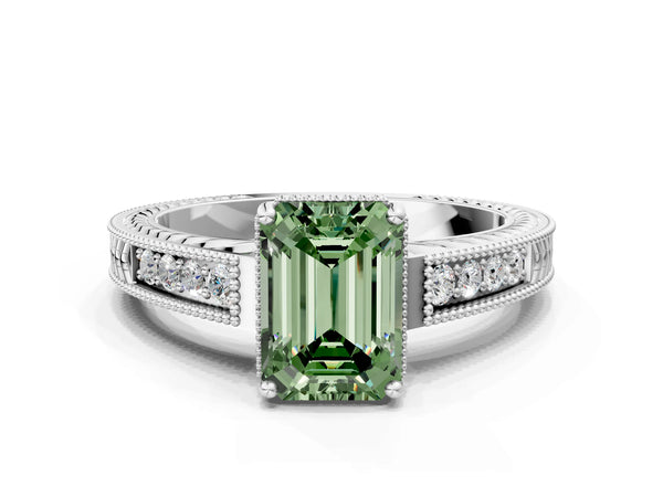 White gold Fancy Green Emerald Cut Diamond Ring with Milgrain Pavé Band and Four-Prong Setting
