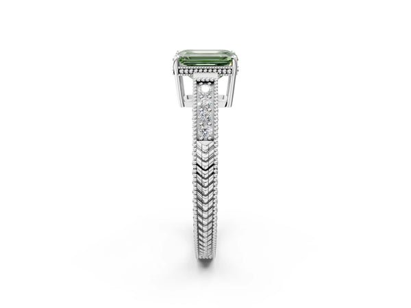 White gold Fancy Green Emerald Cut Diamond Ring with Milgrain Pavé Band and Four-Prong Setting