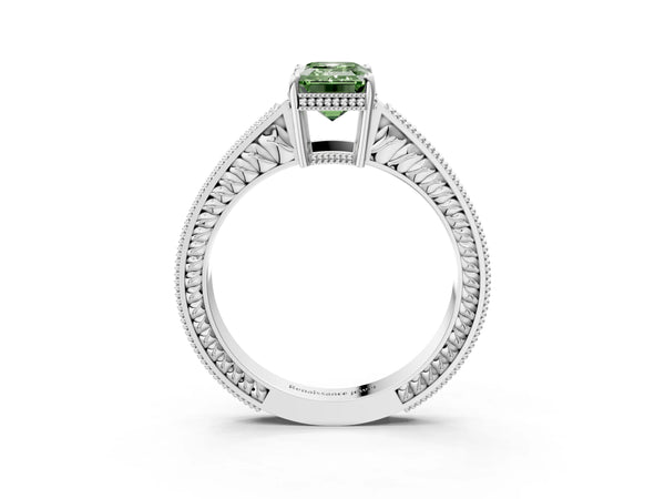 White gold Fancy Green Emerald Cut Diamond Ring with Milgrain Pavé Band and Four-Prong Setting